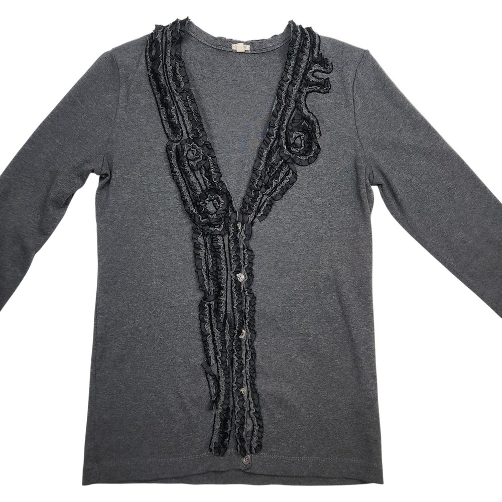 Y2K J.Crew Cotton Cardigan Top Size M Gray Ruffle Trim Cotton Knit